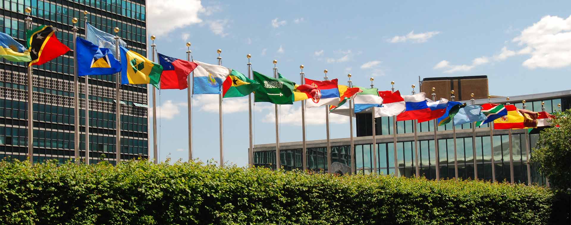Line of world flags outside the United Nations headquarters