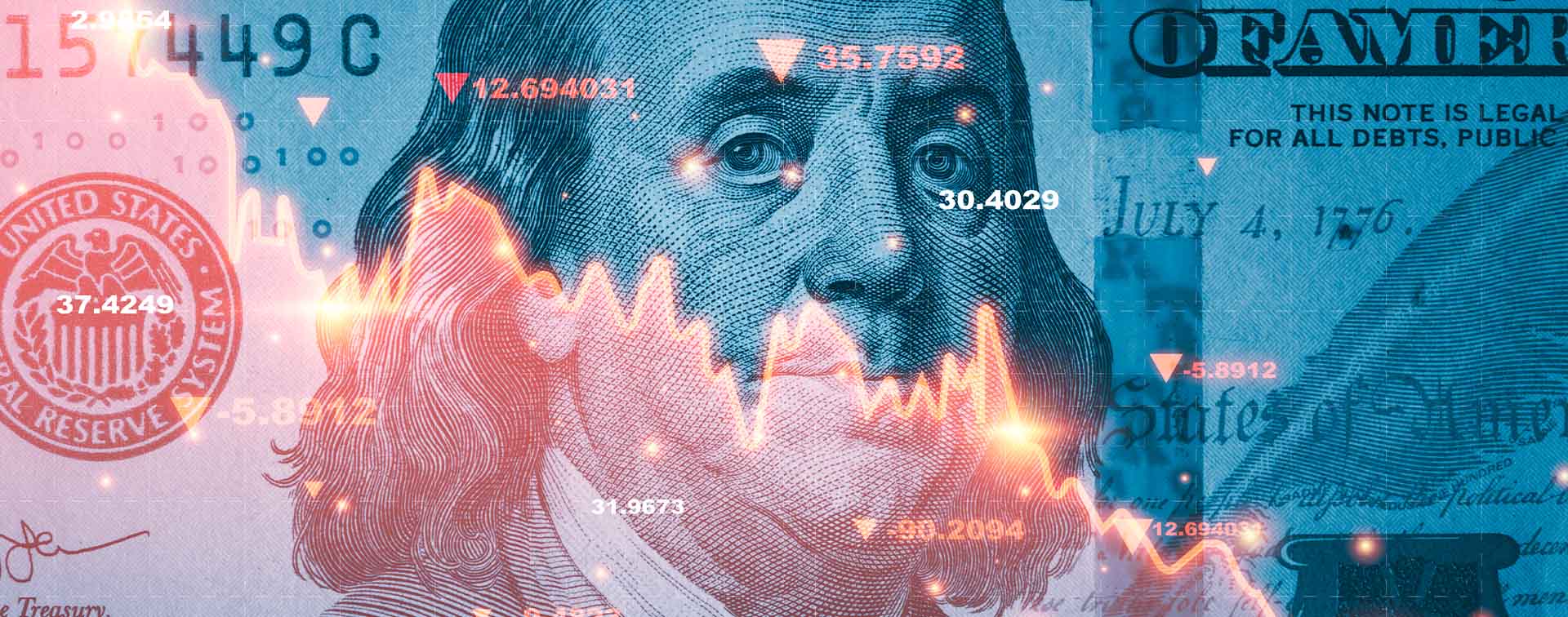 Close-up of USD 100 bill with declining red graph over it
