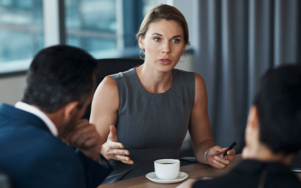 Businesswoman talking to two men in a boardroom