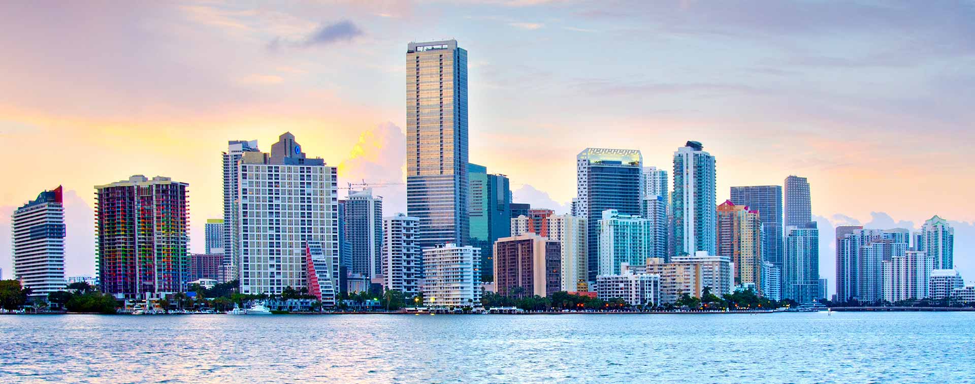 Skyline of downtown Miami, Florida looking toward the Brickell neighborhood on Biscayne Bay