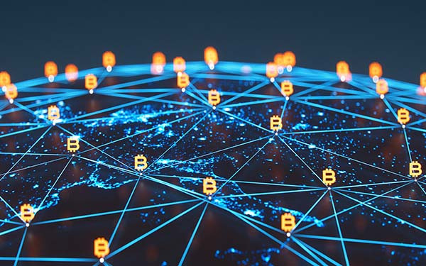 Global blockchain graphic of interconnected nodes