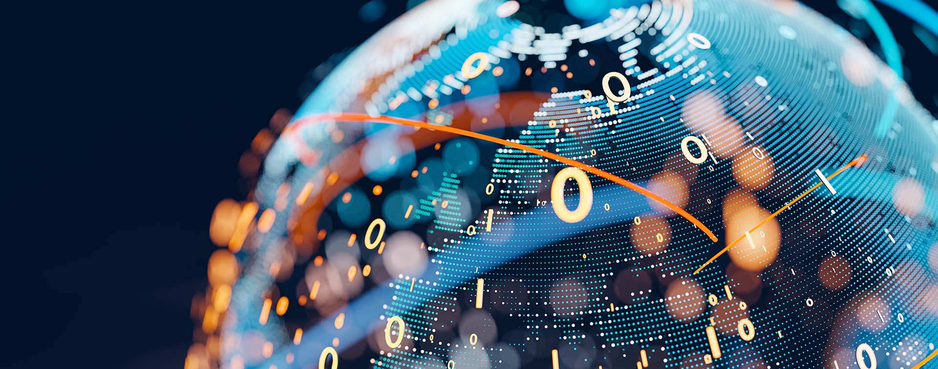 Earth represented by little dots, binary code and lines - big data, global business, cryptocurrency