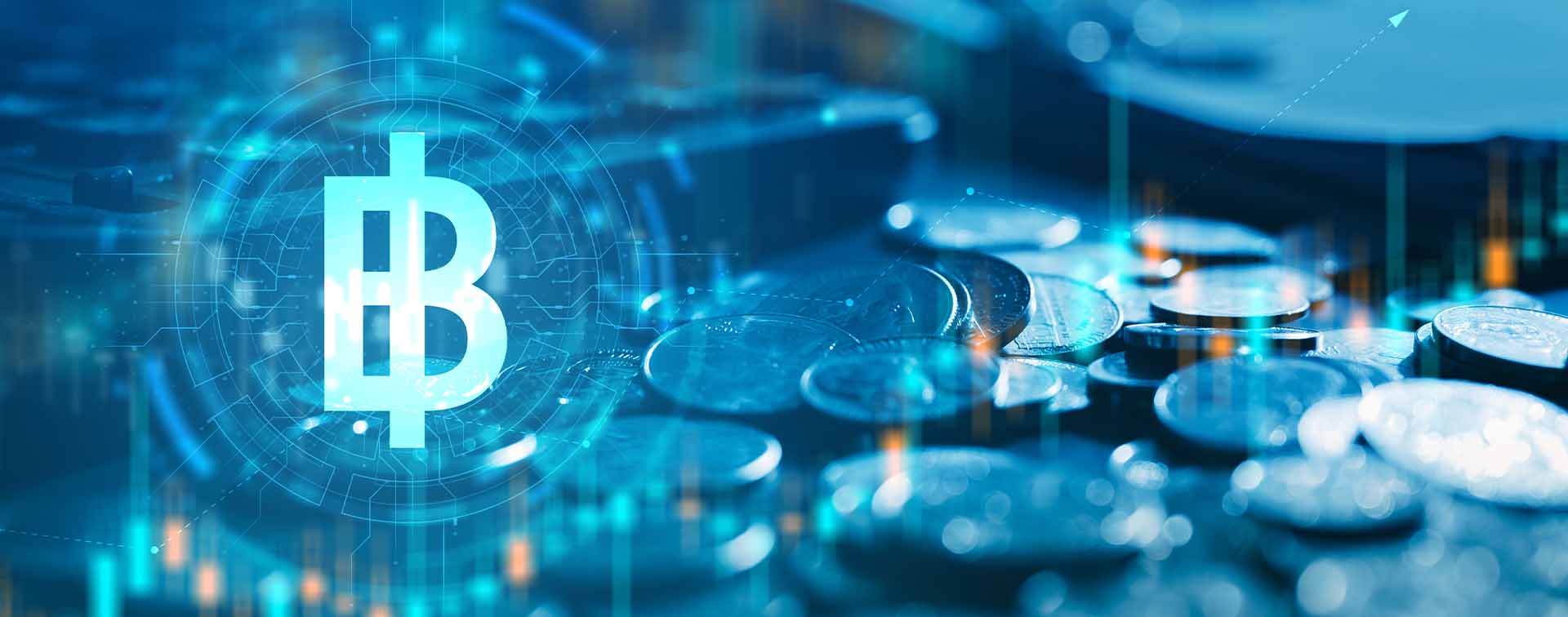 A futuristic digital finance concept featuring cryptocurrency coins with blockchain elements, market charts, and technology overlays, illustrating virtual currency trading, financial growth