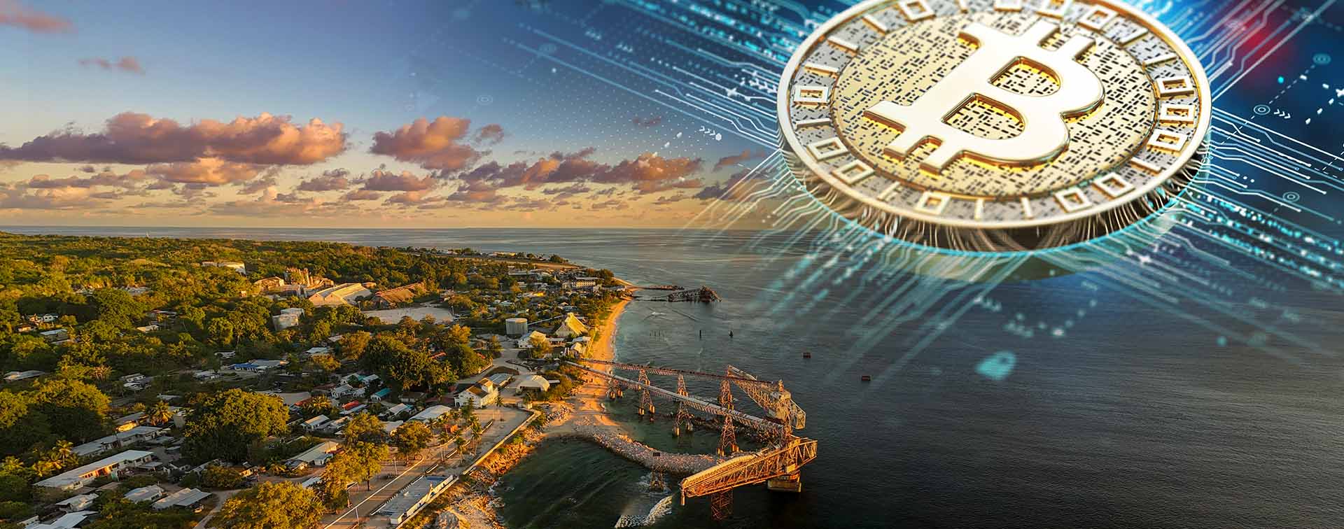 Scenic view of the Naoero coastline with fading concept image of crypto currency