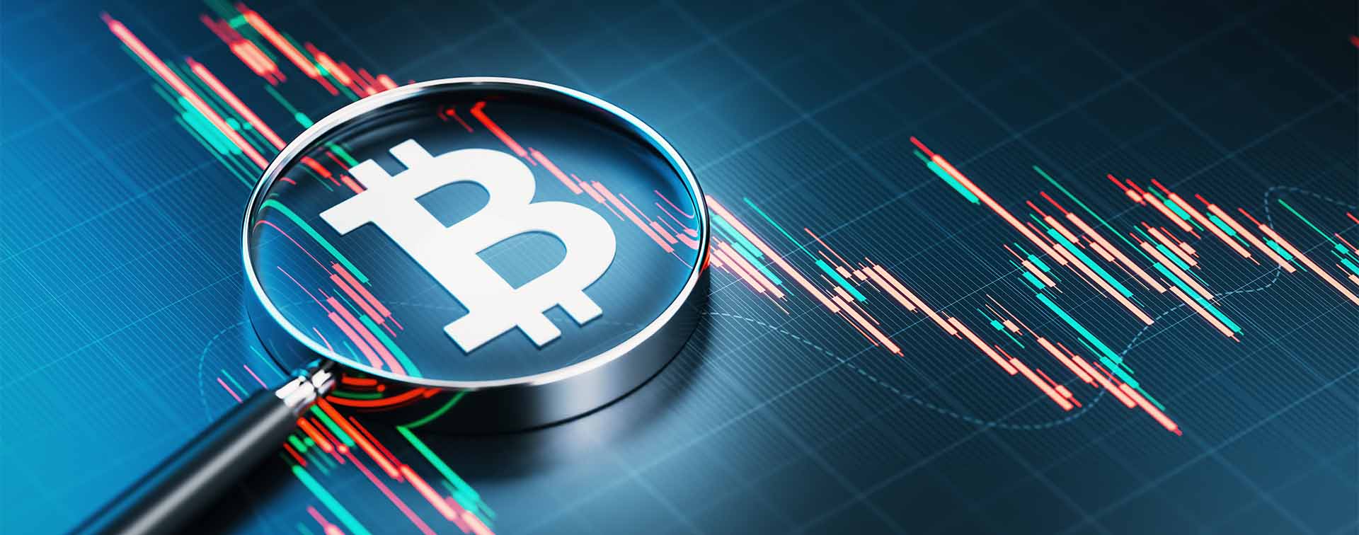White Bitcoin sign and magnifying glass over financial bar graph background