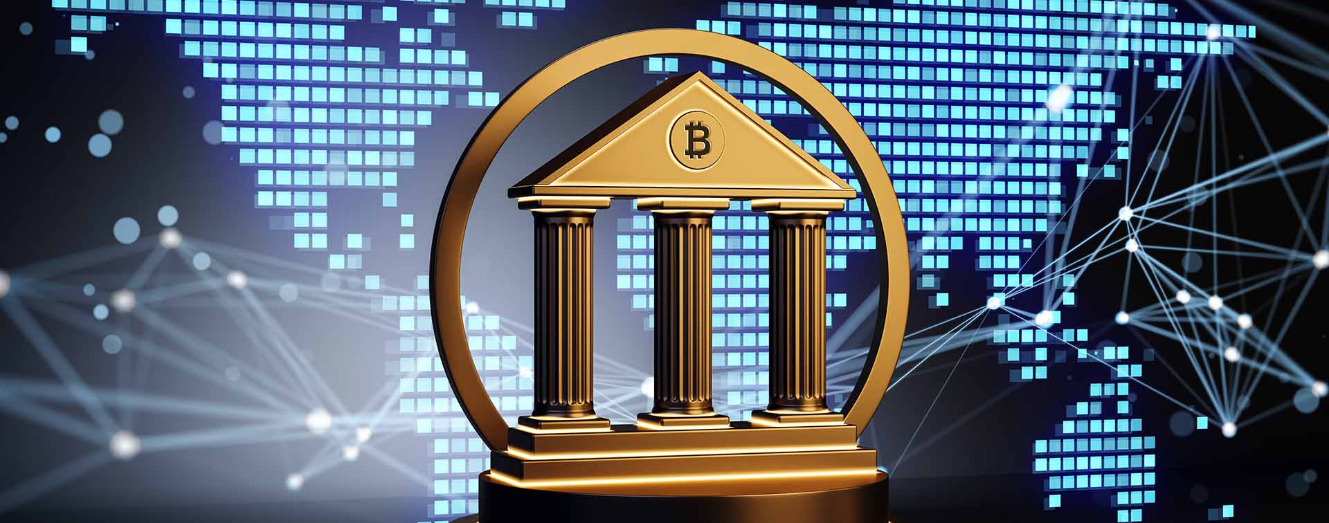 Golden banking emblem with classic pillars standing before a luminous digital world map and network lines symbolizing global finance and modern technology