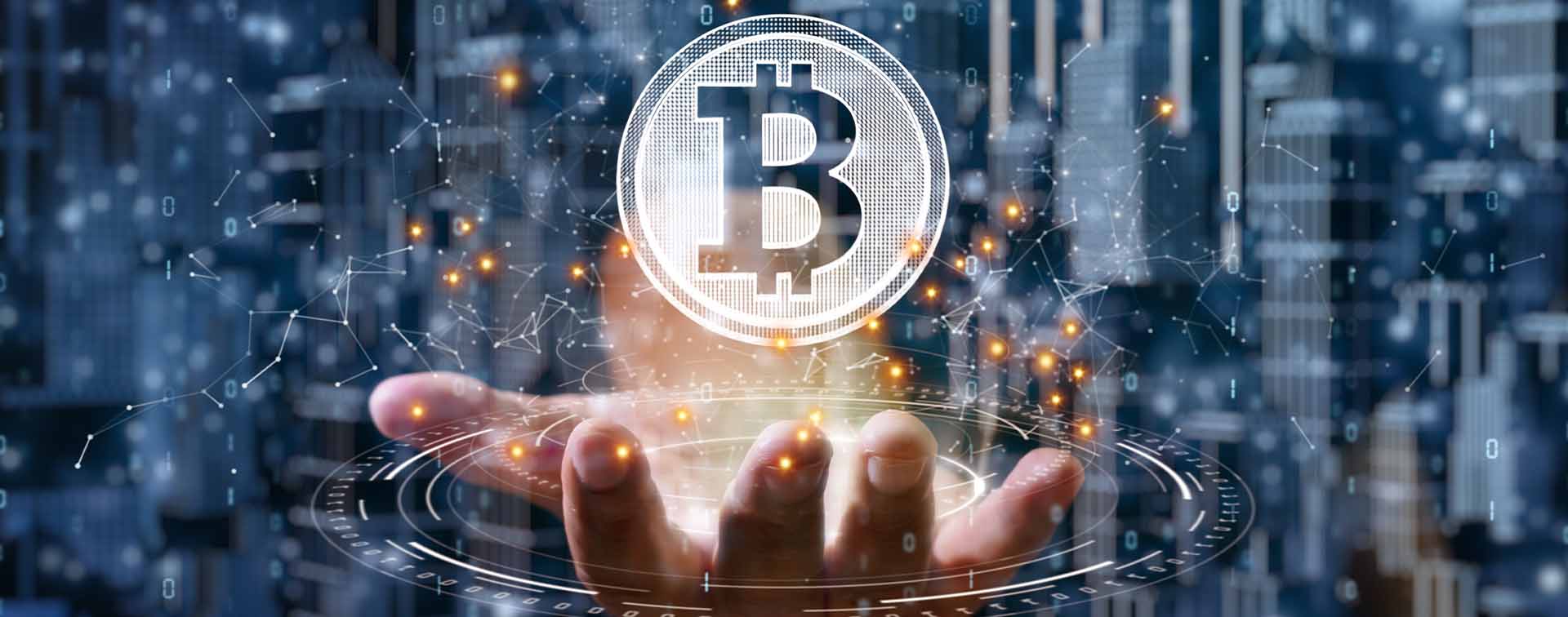 Businessman is holding a bitcoin as part of a business network, Cryptocurrency blockchain connection, Technology and financial investment background concept.