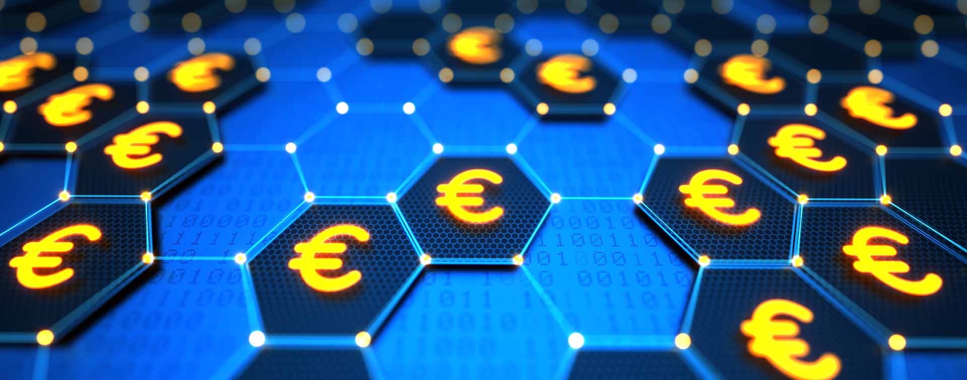 Futuristic digital technological background with hexagonal elements, yellow glowing Euro signs and binary code. Security and protection your money concept