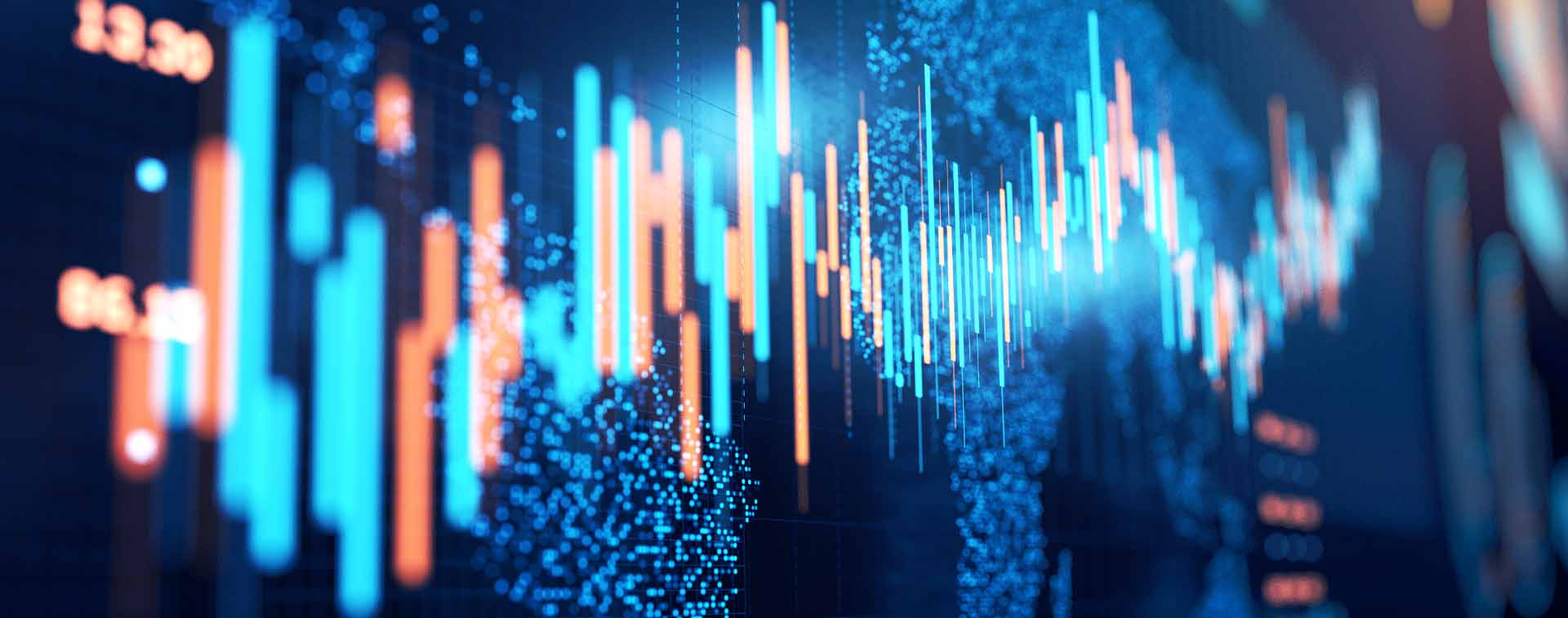 close-up of stock market chart on a glowing particle world map and trading board