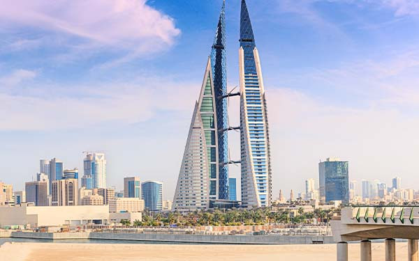 Bahrain, Manama skyline featuring modern skyscrapers along the waterfront and new developments