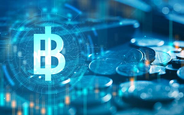 A futuristic digital finance concept featuring cryptocurrency coins with blockchain elements, market charts, and technology overlays, illustrating virtual currency trading, financial growth