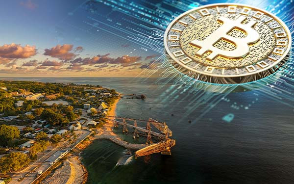 Scenic view of the Naoero coastline with fading concept image of crypto currency 