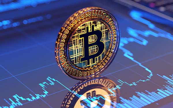 Bitcoin sign - business graph background. Crypto concept - market volatility