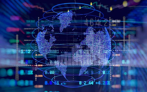High-tech abstract background global financial market interface with world map and digital candlestick chart overlay. Concept for international economics, blockchain and cryptocurrency trading