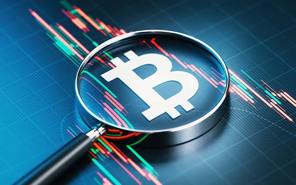 White Bitcoin sign and magnifying glass over financial bar graph background