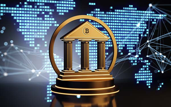 Golden banking emblem with classic pillars standing before a luminous digital world map and network lines symbolizing global finance and modern technology