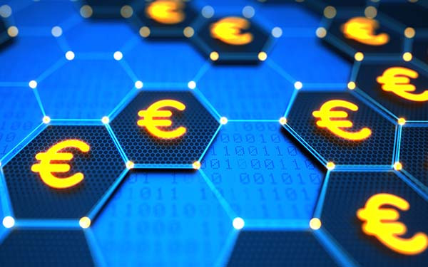 Futuristic digital technological background with hexagonal elements, yellow glowing Euro signs and binary code. Security and protection your money concept