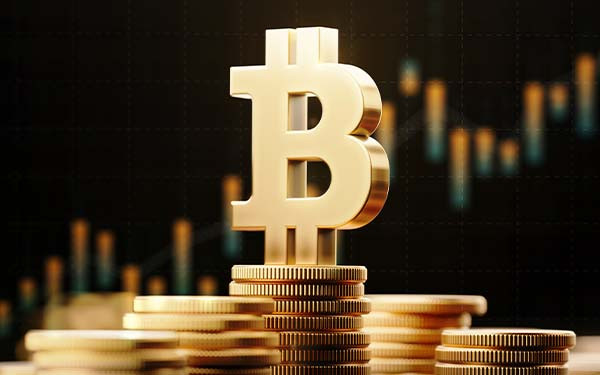 Bitcoin symbol with financial chart over dark background