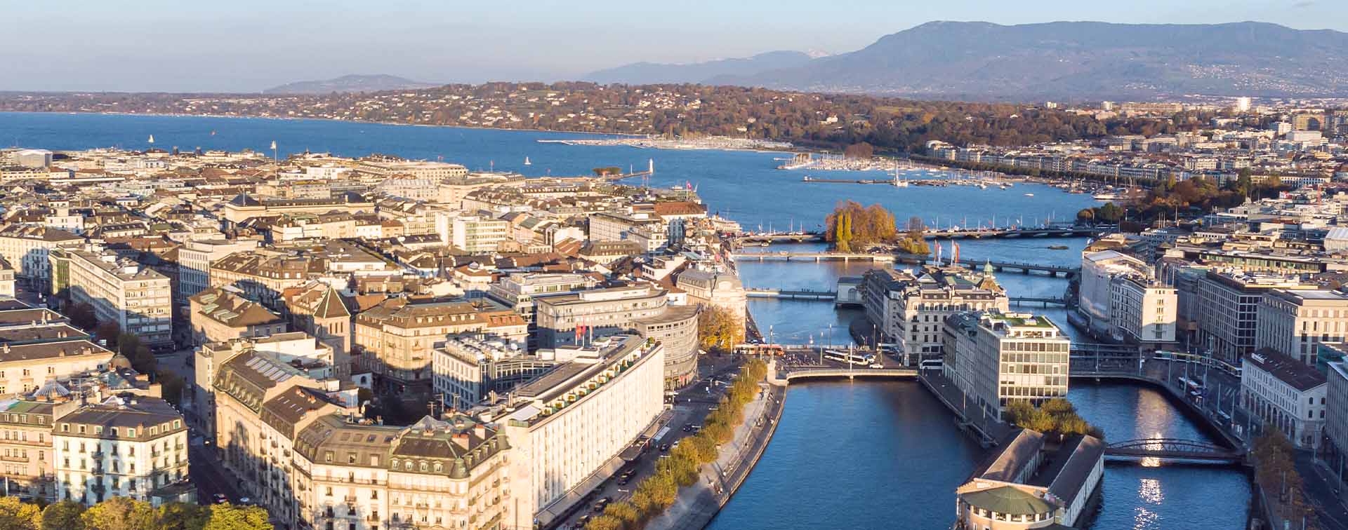 Aerial view of Geneva city and waterways