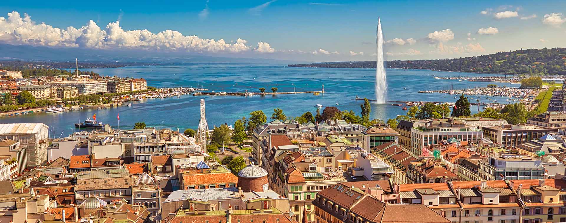 Aerial view of Geneva city and lake with fountain