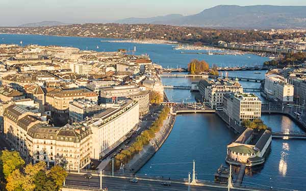 Aerial view of Geneva city and waterways