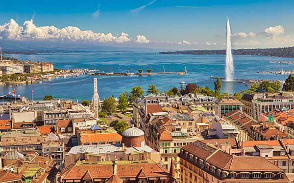 Aerial view of Geneva city and lake with fountain