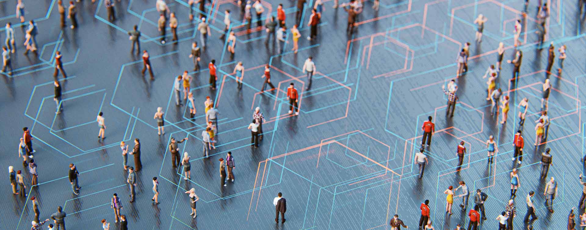 To- down view of small human figurines staged on a digital floor