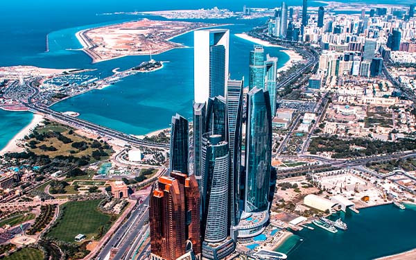 Wonders of modern architecture in Abu Dhabi, UAE, taken from a helicopter high above the city