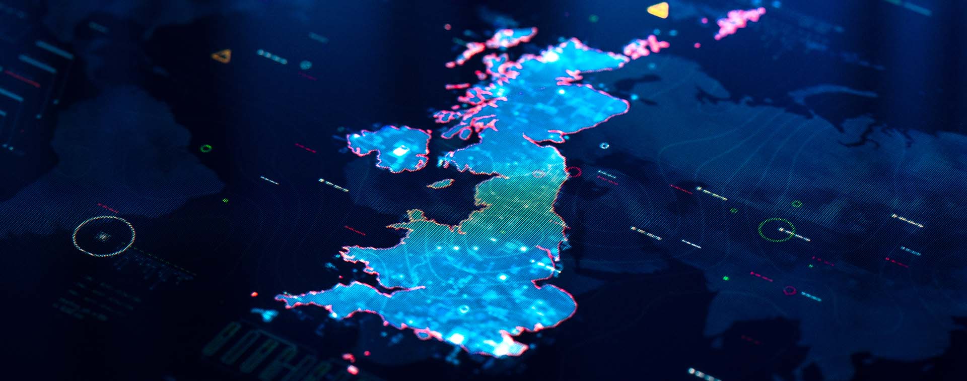 Digital map highlighting the United Kingdom with glowing effects