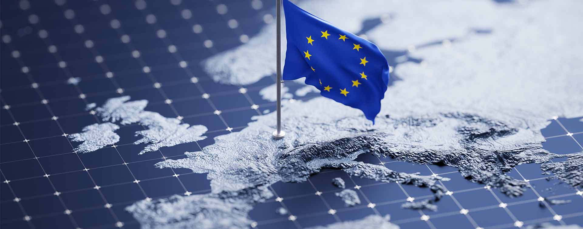 Flag of European Union waving on pole on the 3d topographic map surface and abstract background with a grid