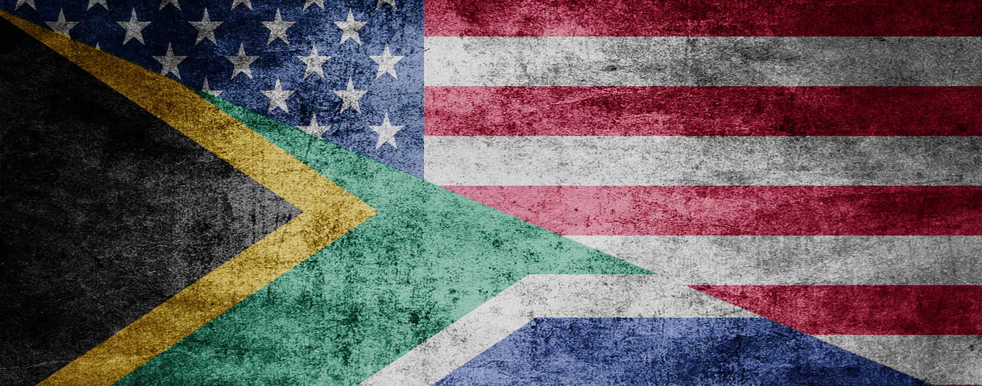 American and South African flags, rough relations. Flags on textured background