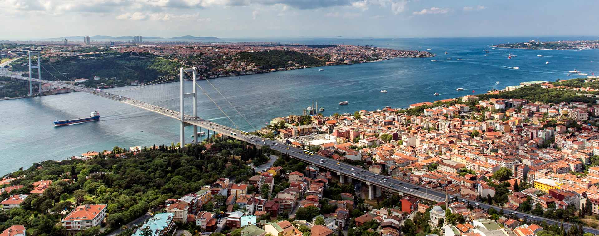 Aerial view of Bosphorus bridge in İstanbul stretched over the water