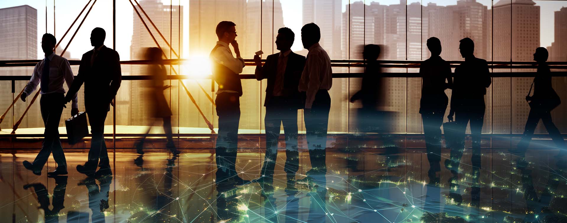 Overlay of global city network on top of abstract depiction of business men on the move.