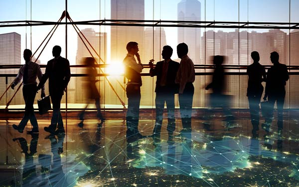 Overlay of global city network on top of abstract depiction of business men on the move.