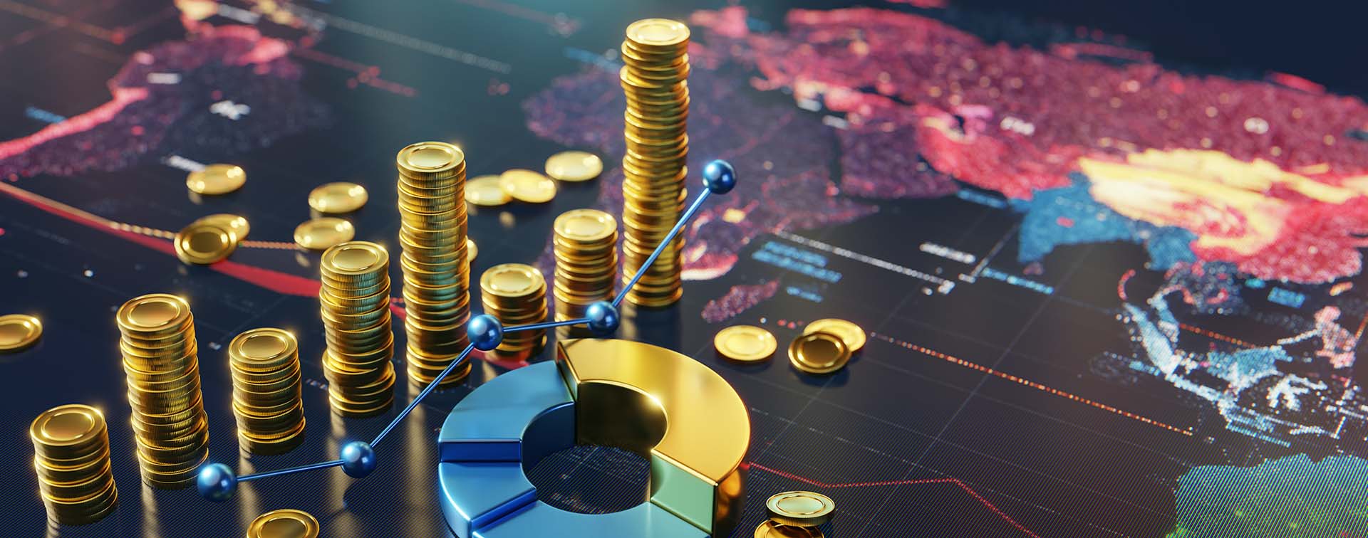 Global financial trends displayed through coins, graphs, and a world map visualization