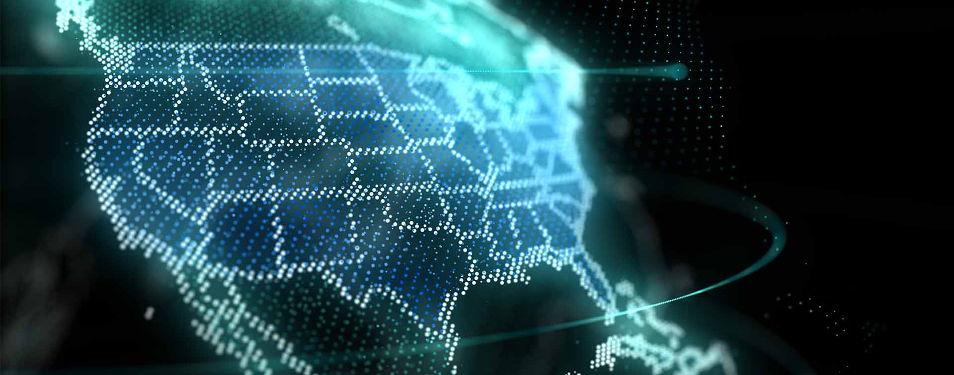 Digital global map of USA, America, US, hologram effect, black background