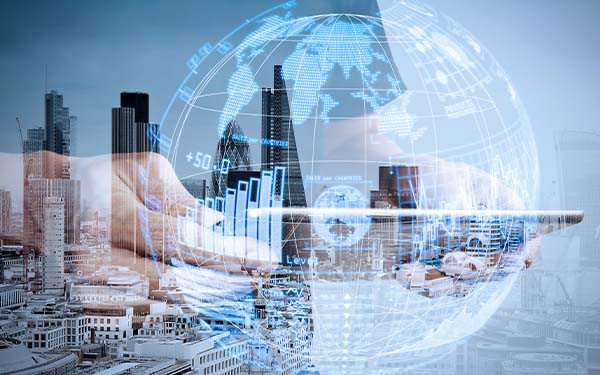 Double exposure of successful businessman using digital tablet with London building and social media diagram