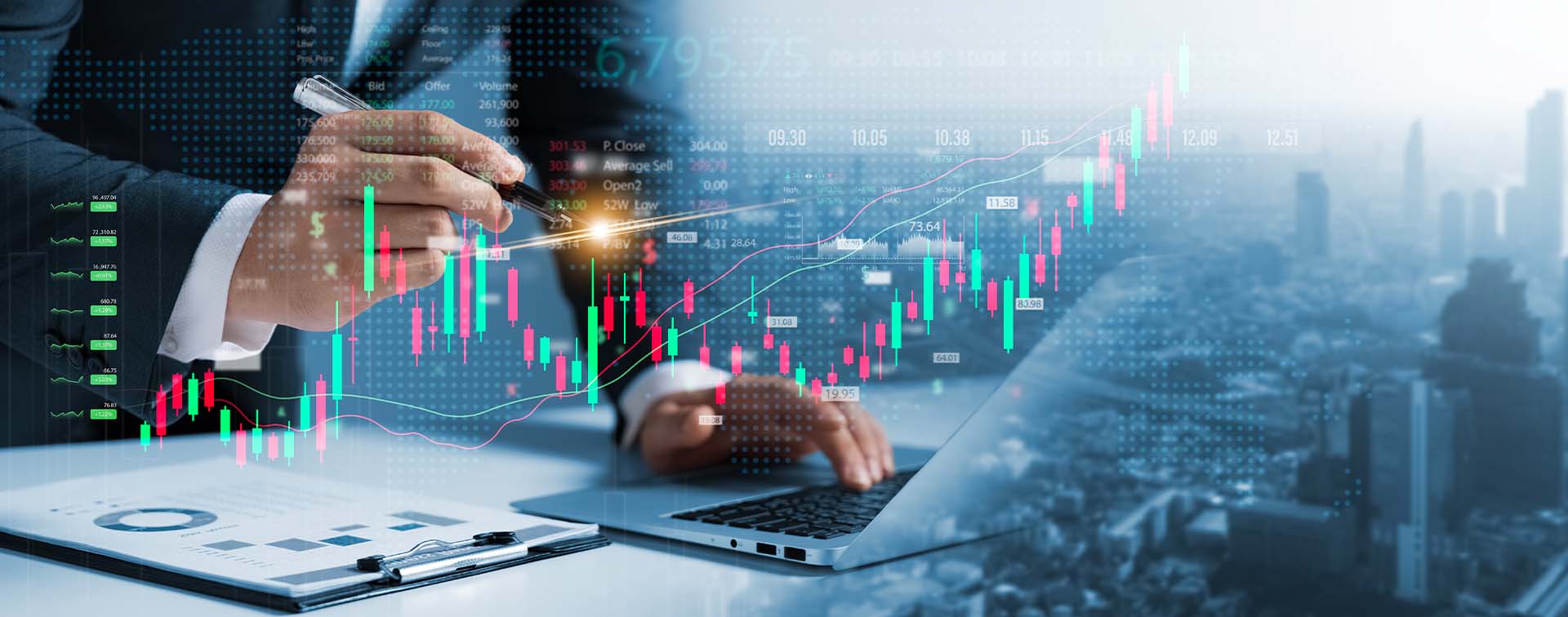 Investors use laptops to analyze stock market, investment strategies. and business growth analysis