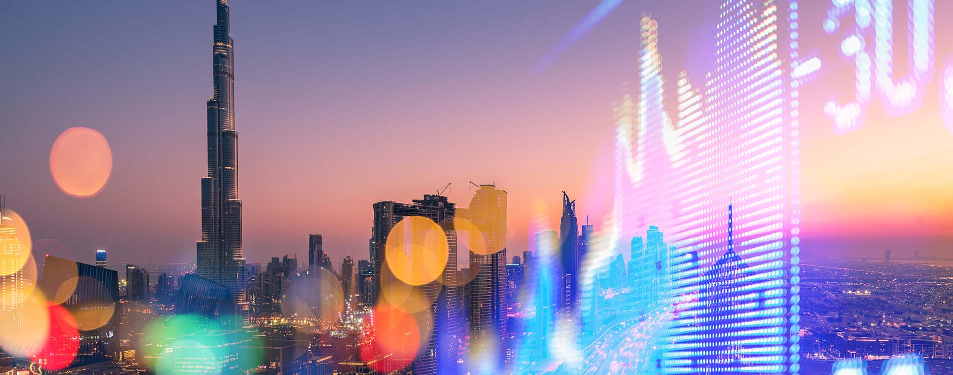 Stock Market Exchange on a skyscraper in Dubai background