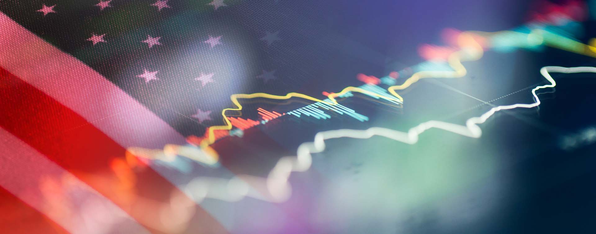 American flag with stock trend overlay