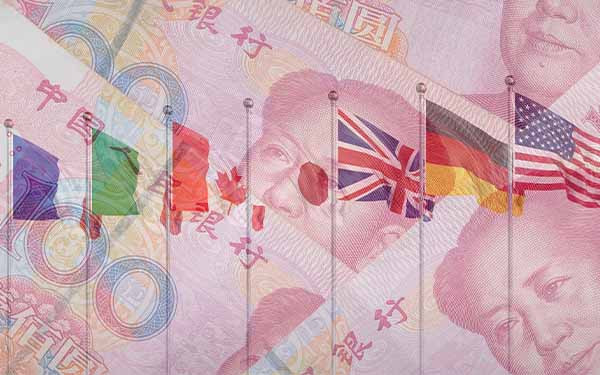 Big Seven. Flags of countries of Group of Seven Canada, Germany, Italy, France, Japan, USA , UK. Grey background. 3D illustration, with Yuan overlay