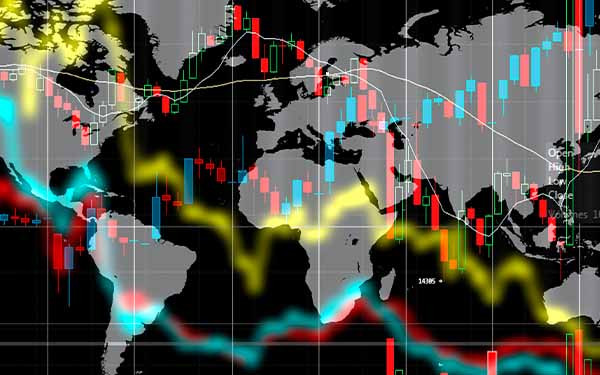 Stock charts on the background of world map. Finance, risk and stock exchange concept