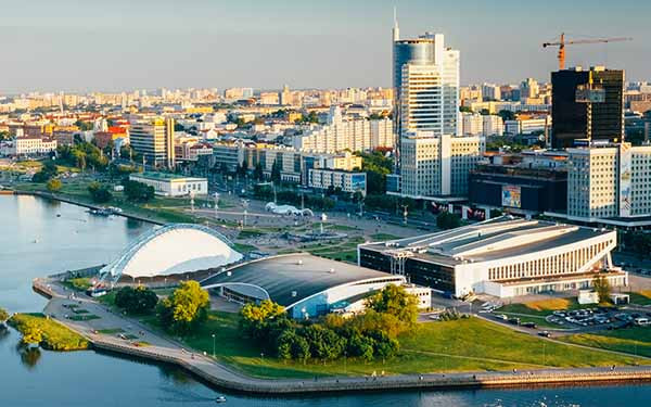 Cityscape of Minsk, Belarus. Summer season, sunset time