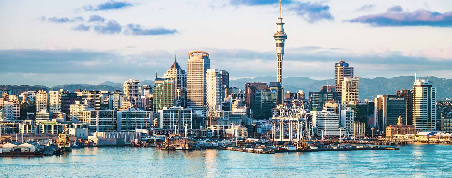 View of the skyline in Auckland, New Zealand, from the bay