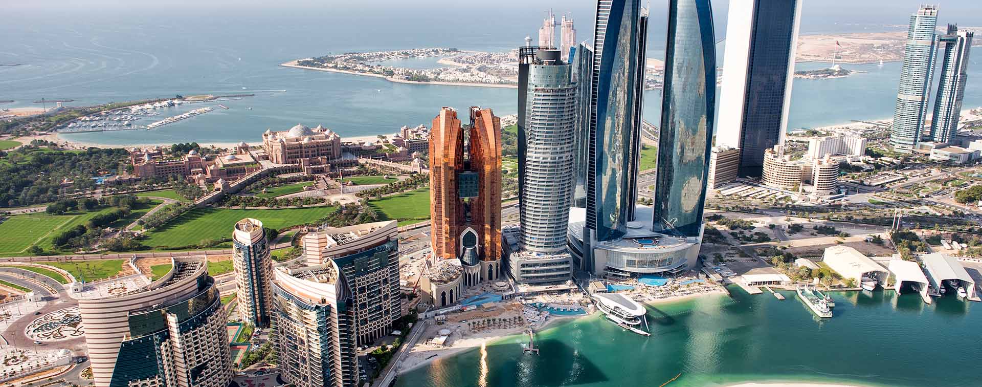 Aerial view of famous buildings on Abu Dhabi skyline