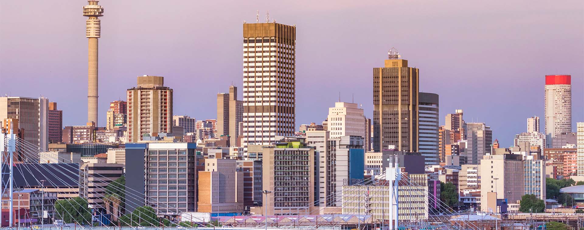 Johannesburg city skyline with several tall buildings against a dusky sky