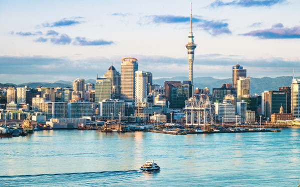 View of the skyline in Auckland, New Zealand, from the bay