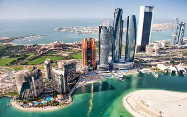 Aerial view of famous buildings on Abu Dhabi skyline