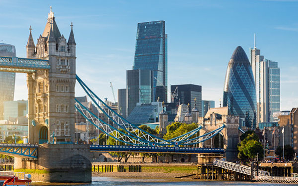 City of London featuring Tower Bridge and several iconic buildings including The Gherkin, Heron Tower, the Leadenhall Building