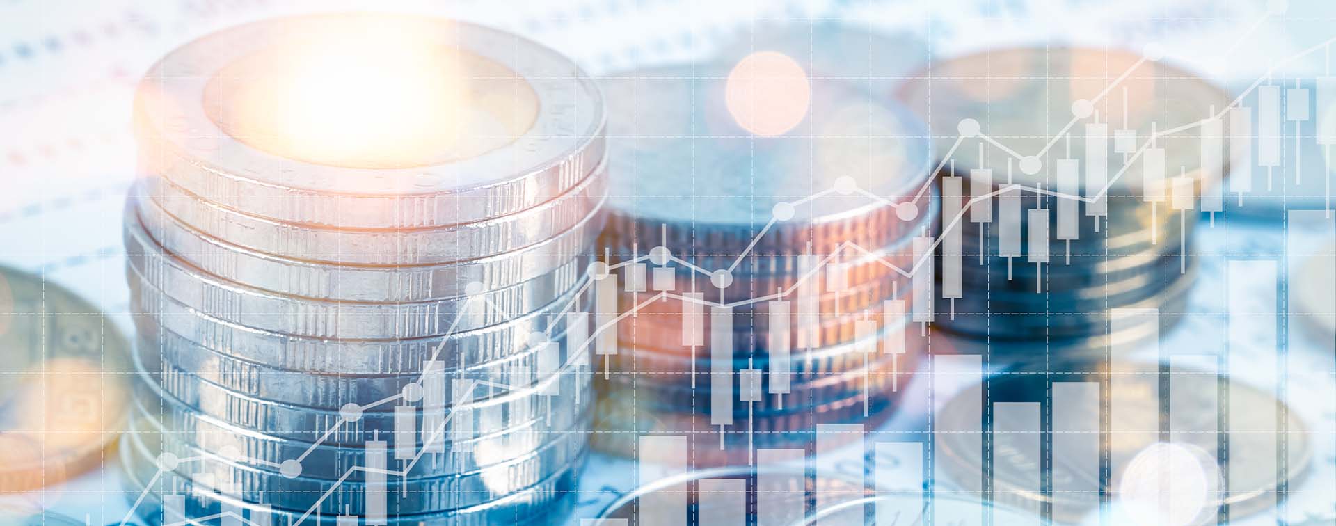 Growing money saving and investment concept; double exposure of coins stack on bank account book with growing trend candle stick graph - concept of tax